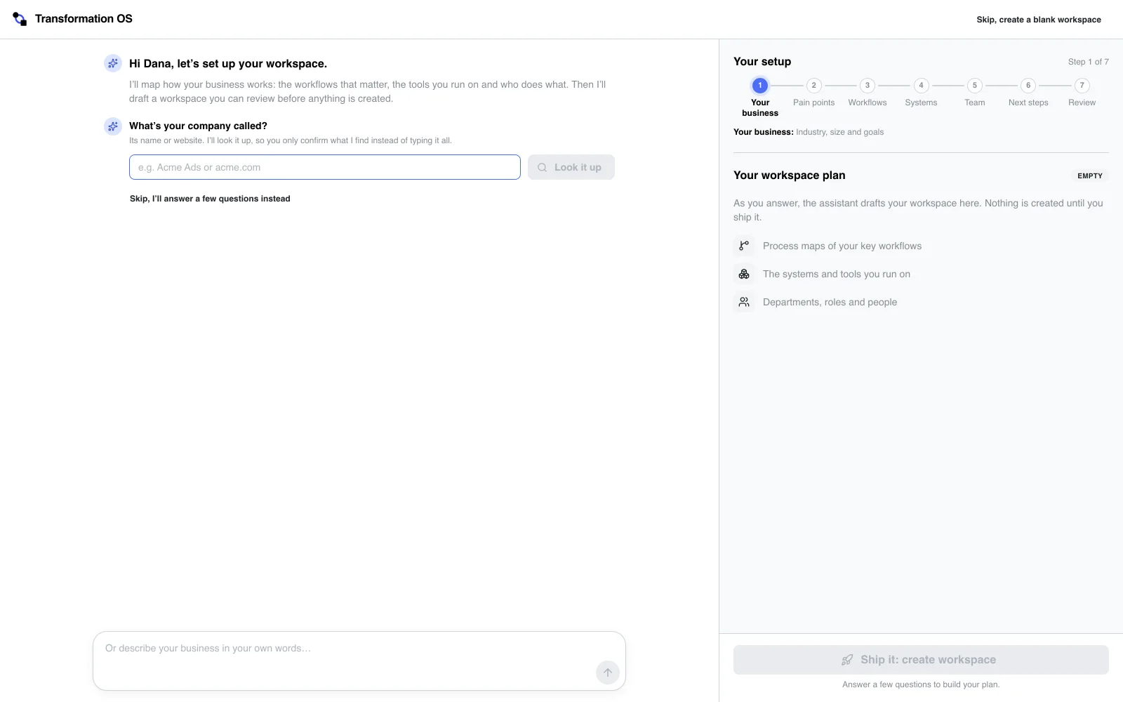 The onboarding screen of Transformation OS: the assistant greets the user and asks what the company is called, with an empty workspace plan and seven setup stages on the right.